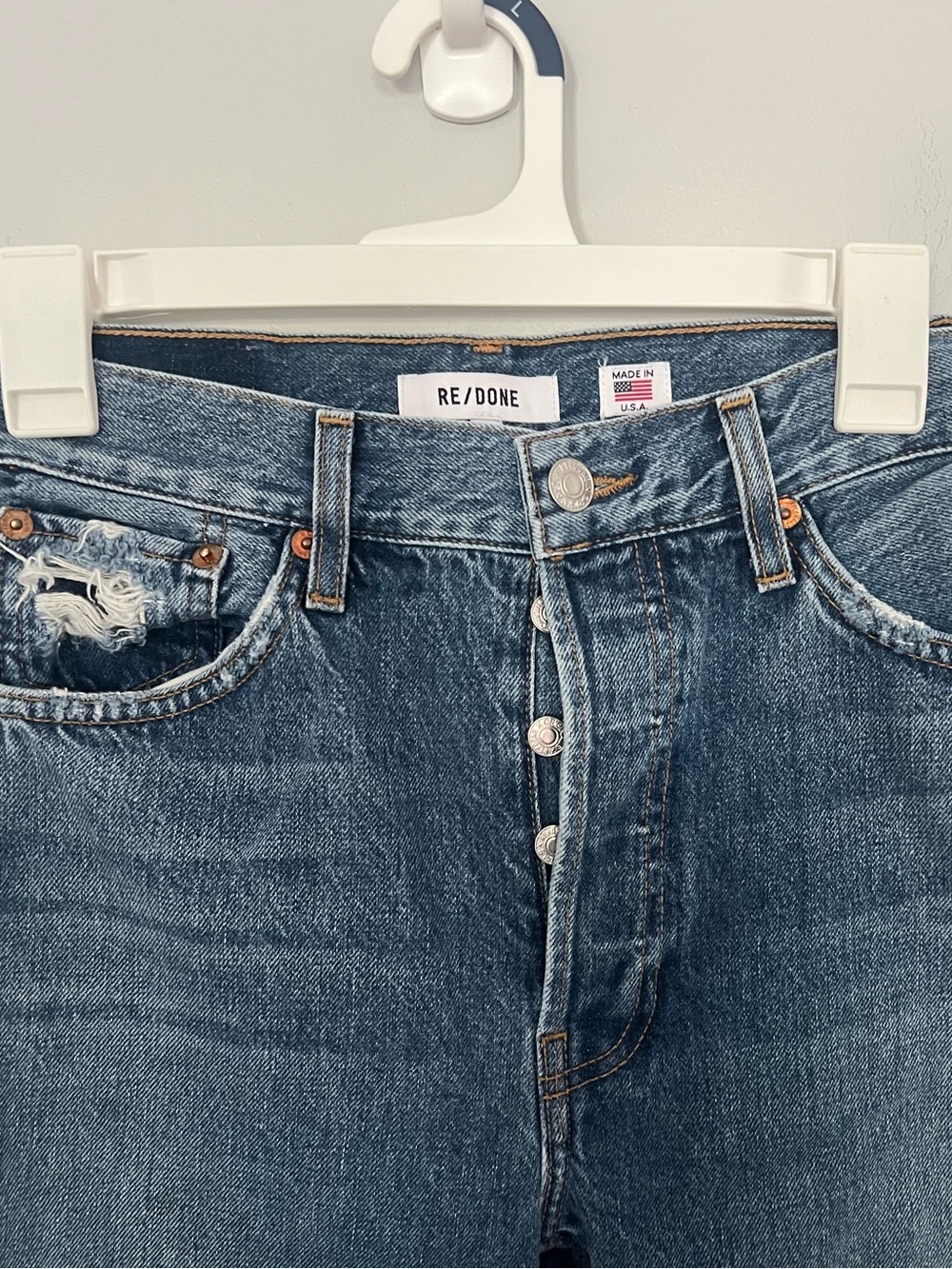 Re/done High-Waist Distressed Button-Fly Jeans - Medium Blue size 28 - Picture 3 of 10